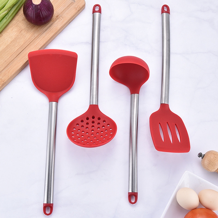 Stainless steel tube handle silicone kitchen set 8 pieces cooking spoon shovel kitchen tools storage bucket set